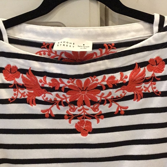 Kate Spade Black/White Striped & Embroidered Top - Picture 4 of 7